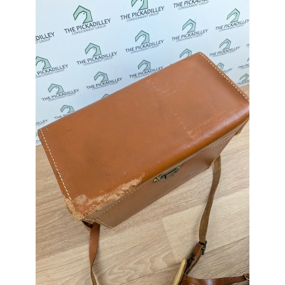 Vintage Polaroid Tan Leather Camera Case Box Bag Adjustable Strap Gold Hardware